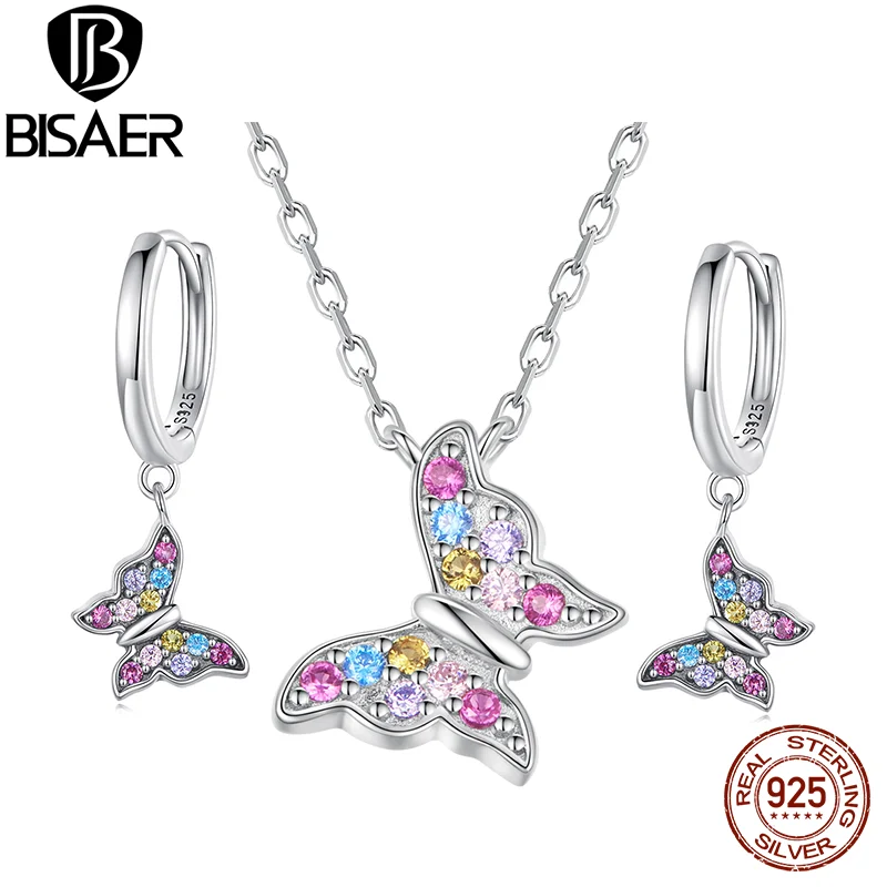 

BISAER 925 Sterling Silver Butterfly Jewerly Set Necklace Stud Earring Multicolor Zircon Plated Platinum for Women Party Gift