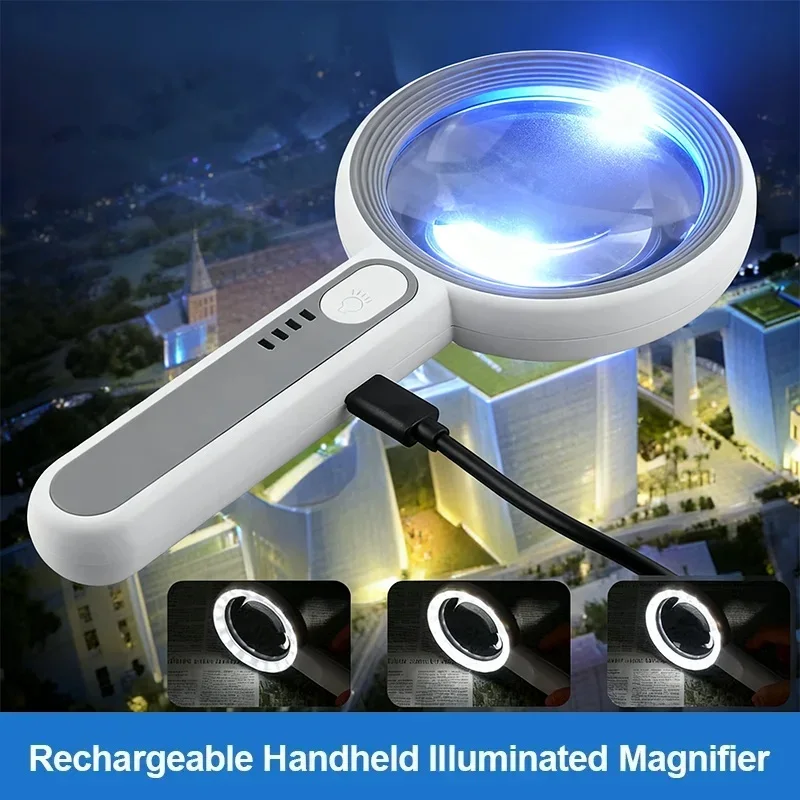Rechargeable Handheld 12X LED Illuminated Reading Magnifier 3 Light Modes For Seniors Jewelry Inspection Craft Work