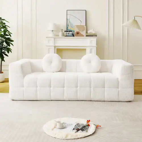 ！@Modern Convertible L-Shape Sofa Set Two Circular Throw Pillows Skin-friendly Chenille Lychee-textured Long-pile84.6-inch Villa