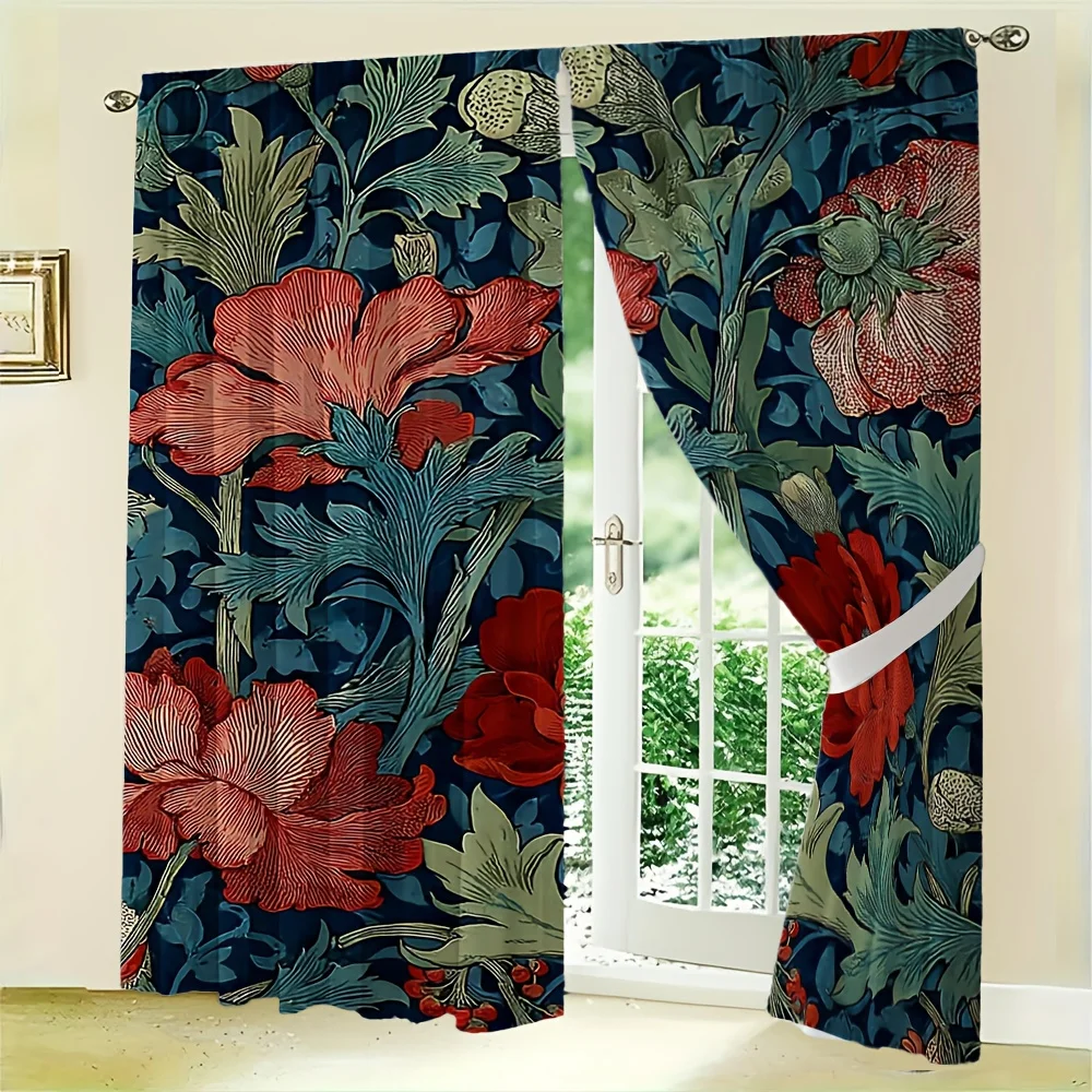 2pcs William Morris Style Curtains No Rod — Deep Indigo Red Floral Vine Pattern, Sheer Polyester for Living Room, Bedroom
