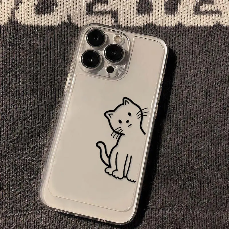 INS Cute Simple Line Cat Clear Phone Cases For Samsung Galaxy S24 S23 S22 S25 Ultra Plus Cover S25+ S22+ S23+ S24+ Shells Fundas