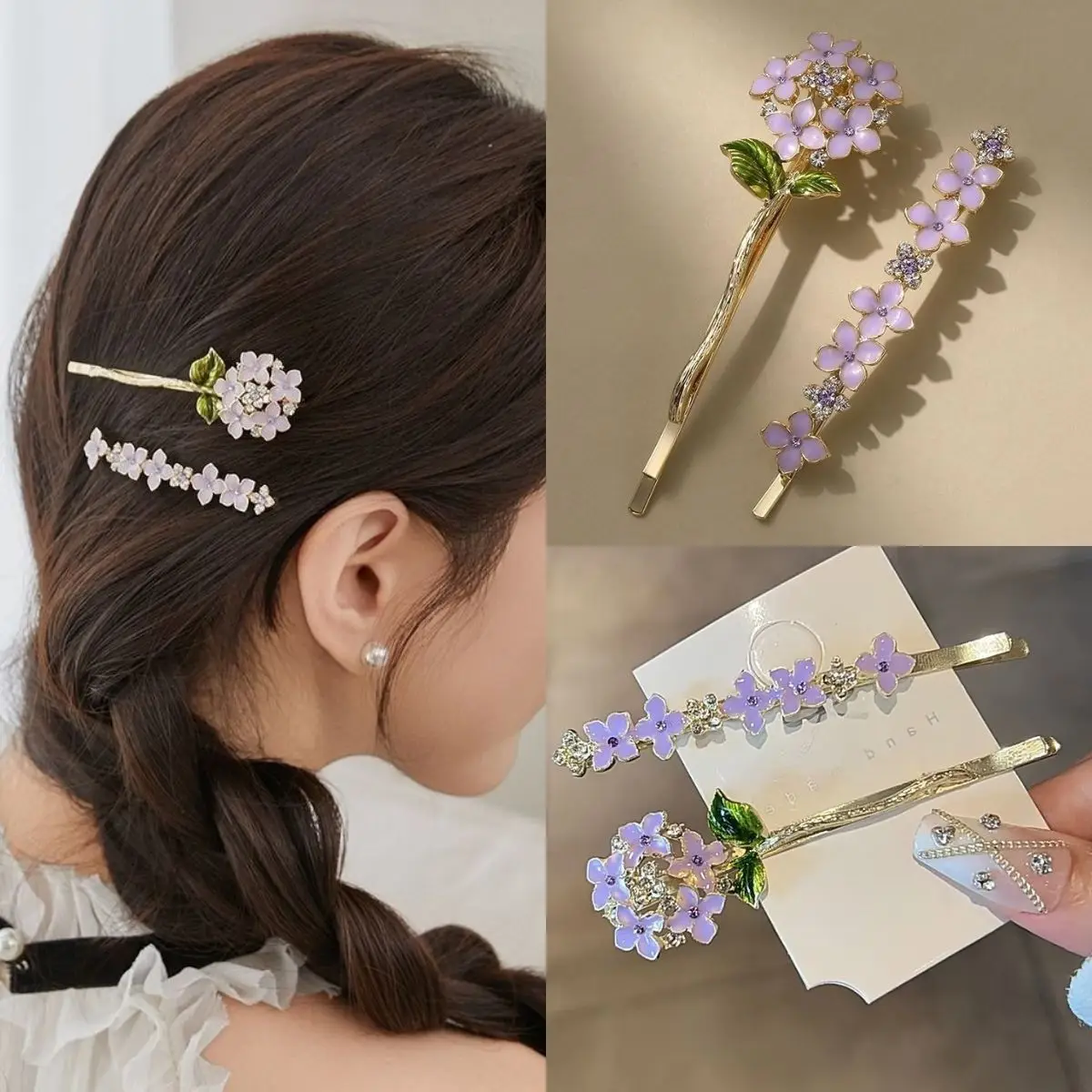 2Pcs Metal Hairpins Enamel Wisteria Floral Hair Clips Women Exquisite Rhinestone Hair Grips Fringes Holder Hair Accessories