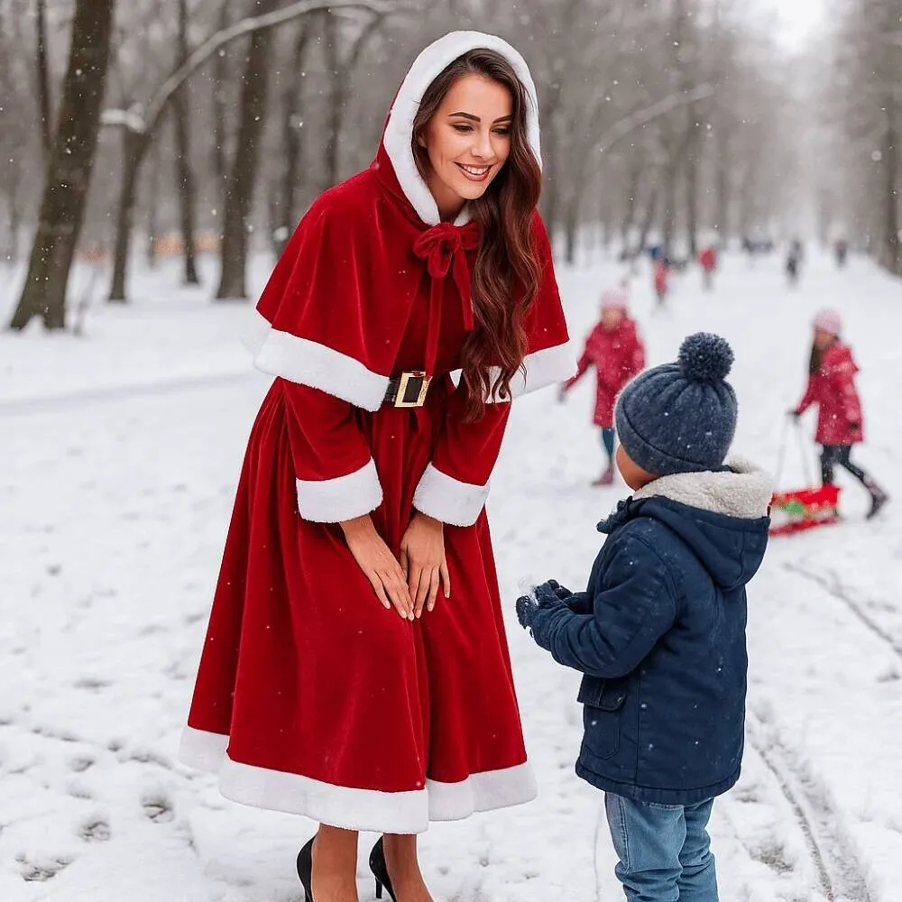 

Red Cosplay Long Sleeve Women Costume Xmas Suit Santa Hooded Cape Christmas Swing Dress New Year