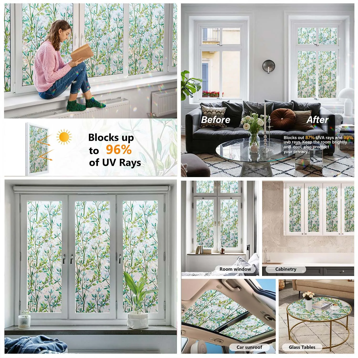 Rainbow Stained Glass Window Privacy Film Static Cling No‑Glue Glass Sticker UV Block Heat Control Removable Window Tint Home