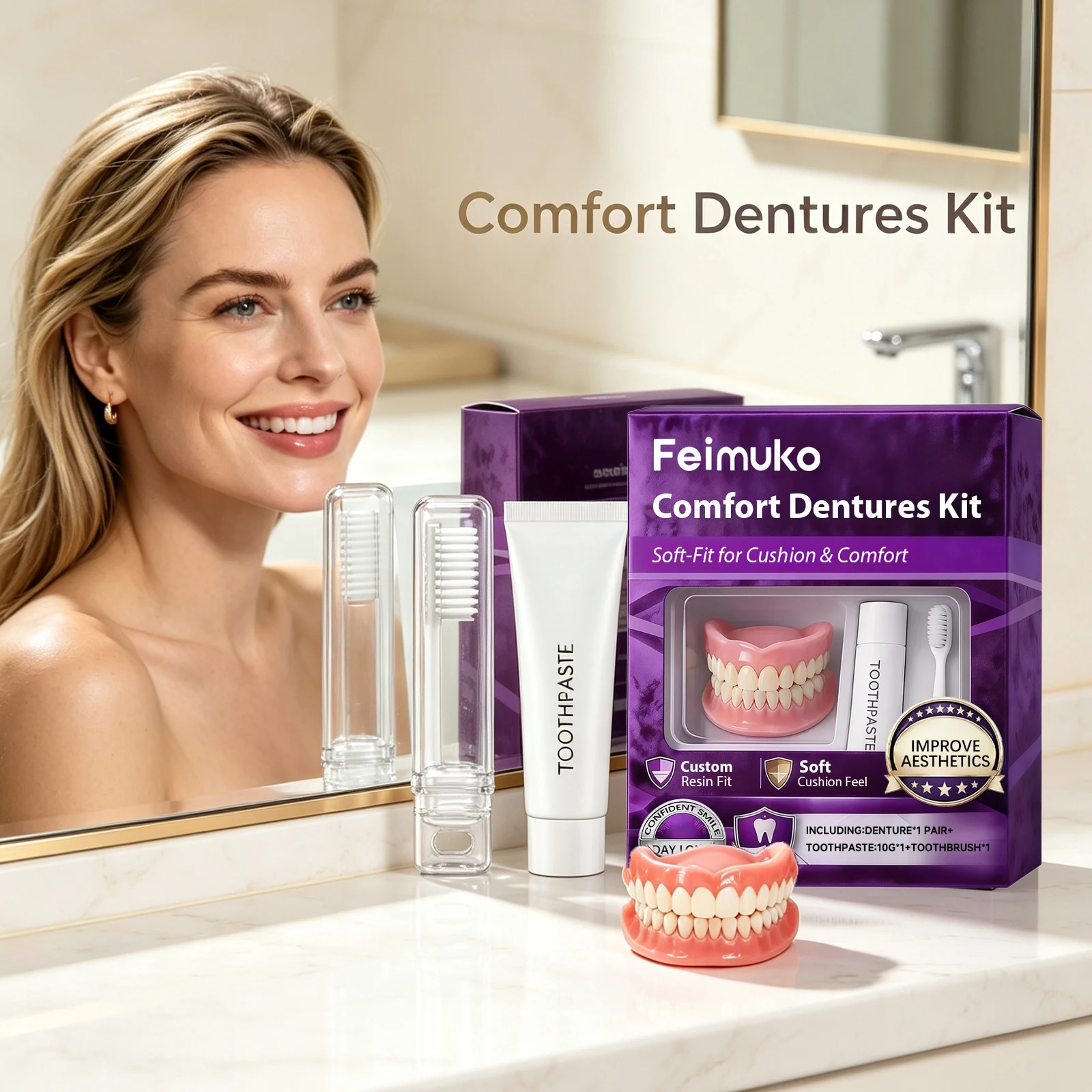 Feimuko Dental Denture Reline Kit Silicone Liners High Elasticity Moldable Gap Filler Soft Comfortable Fit Teeth Upper Lower Set