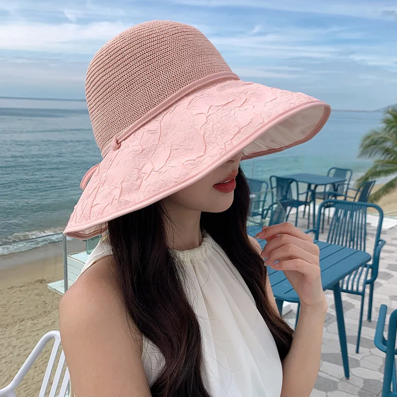 Korean Women's Fashion Embossed Mesh Eye Color Glue Protection Hat Summer Travel Vacation Wide Brim Sun New