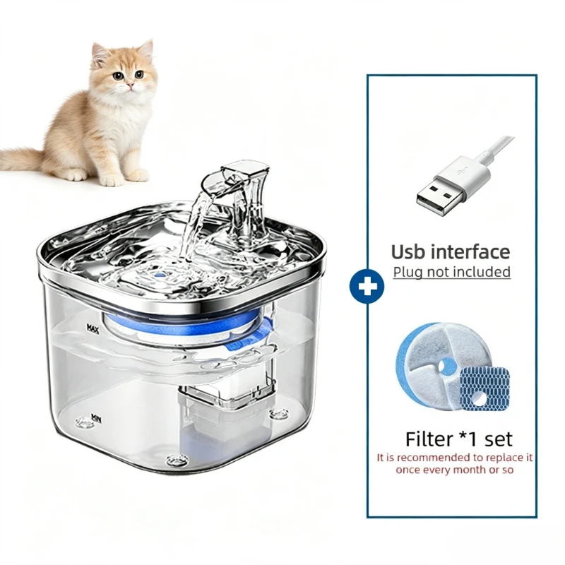 Pet Water Fountain 2L 304 Stainless Steel Tray Multi-Layer Filter Transparent Water Level USB Powered Dispenser Bowl Cats Dogs