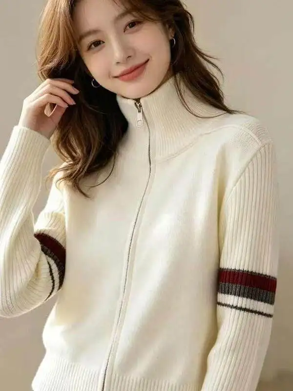 American Retro College Style Zipper Color Block Knitwear Autumn Winter New Baseball Style Versatile Knitted Sweater Korean St...