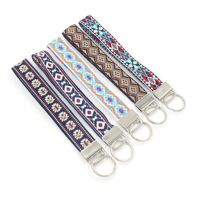 Ethnic Geometric Rhomboid Jacquard Ribbon Lanyard Key Ring Wrist Strap For Women Backpack Decorative Pendant Fashion Jewelry