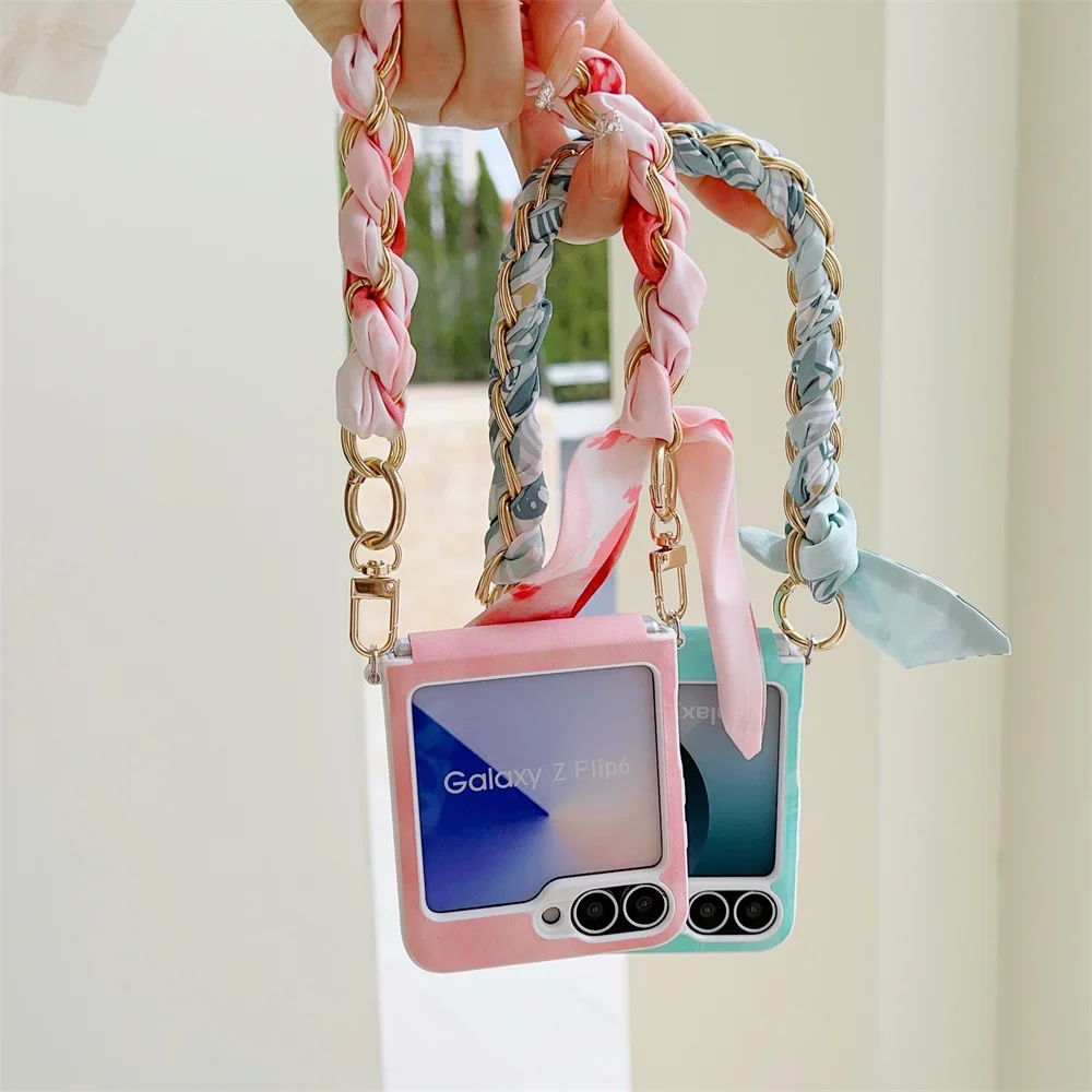 同色スカーフリストストラップ電話ケース三星銀河 Z フリップ 6 5 4 3 Flip6 Flip5 Flip4 Flip3 耐衝撃保護カバー