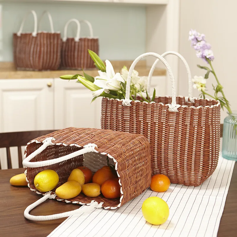 Faux Rattan Storage Handy Basket Color Tube Brown Outdoor Outing Picnic Basket Plastic Woven Storage Blue