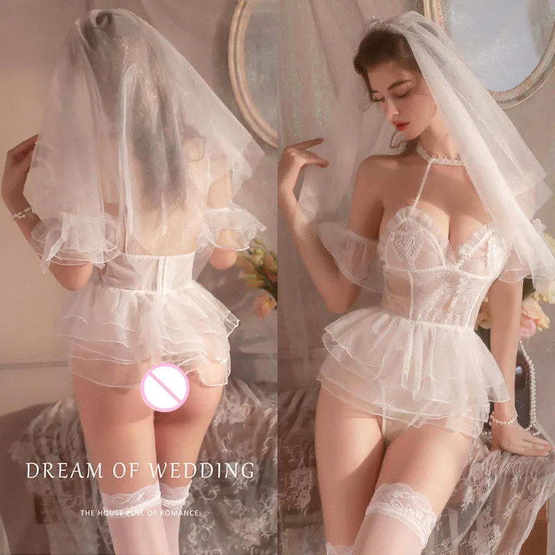 Vestido de novia blanco Sexy para mujer, traje de juego de rol de novia, lencería Sexy, ropa de Cosplay transparente, pijama erótico, conjunto de