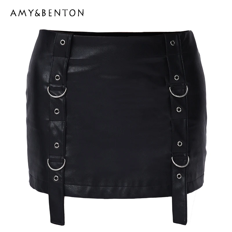 

Punk Gothic Dark Metal Decor Women's Short Skirt 2025 Autumn New Design Sweet Cool Sexy Bodycon Slimming Leather Skirts Ladies
