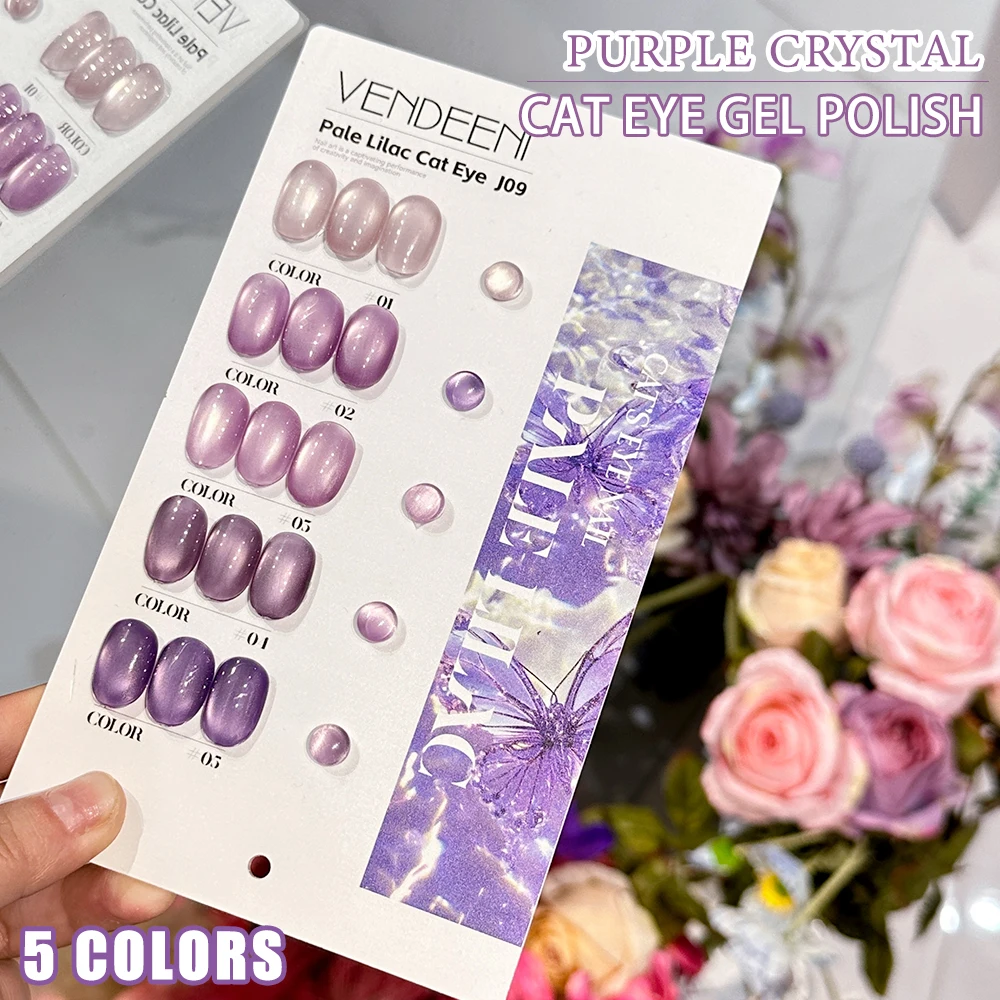 Vendeeni 5 Farben/Set Lavendel-Lila Kristall-Katzenaugen-Gel-Nagellack TPO FREI Magnetischer UV-LED-Soak-Off-Gel-Lack mit Display – Detail 6