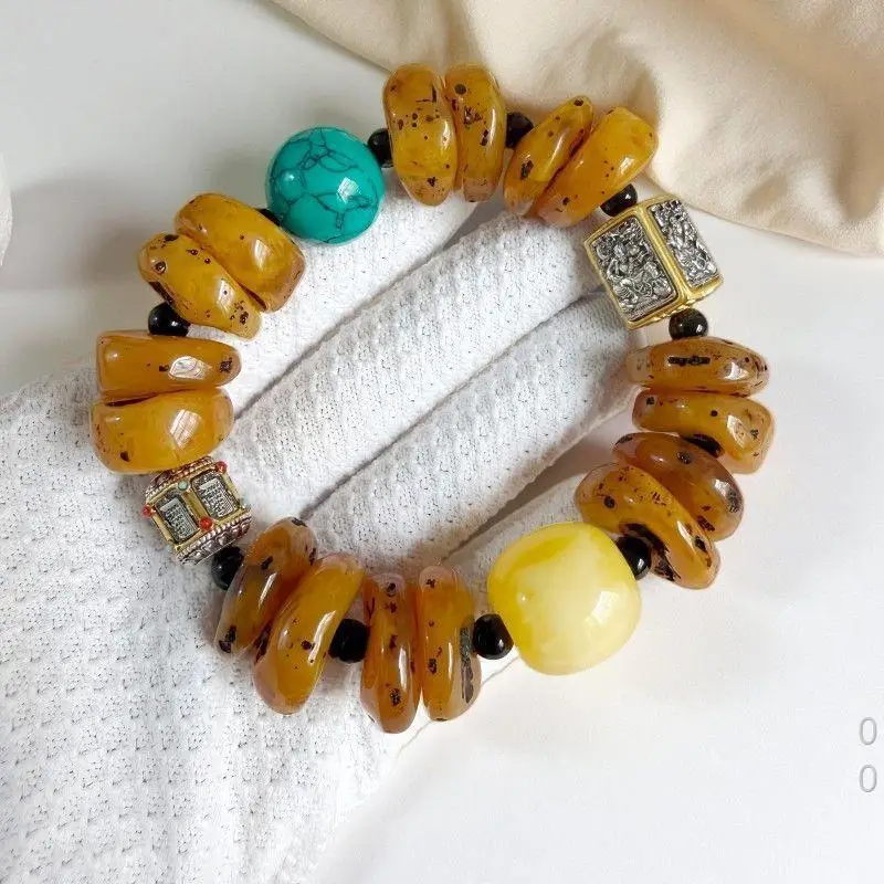 New original vintage-style amber bead with two-tone Zaki Ram square beads, personalized bracelet