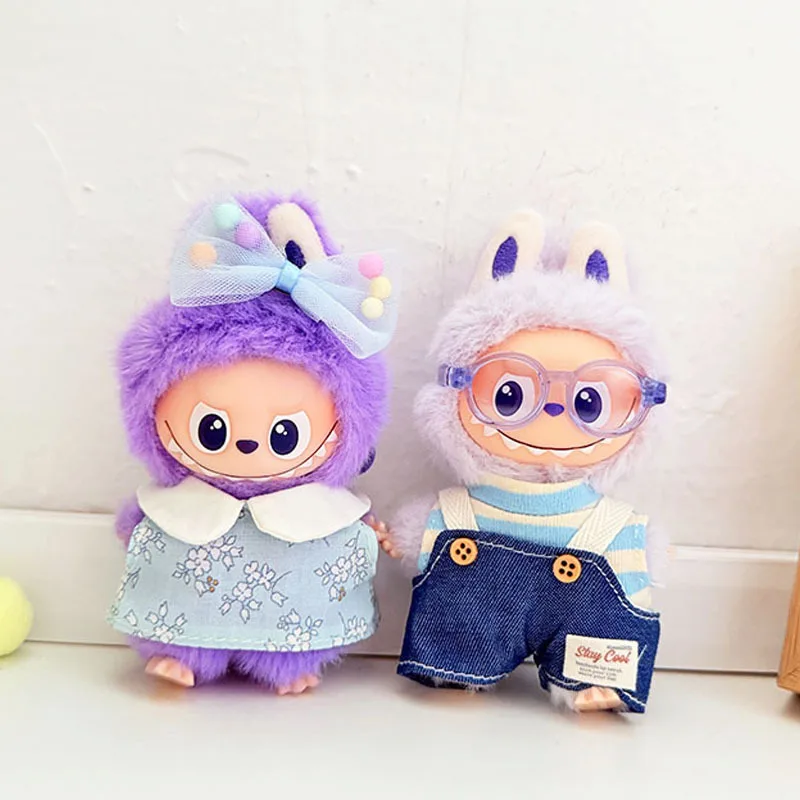 

Clothes For 4th Gen 10cm Mini Labubu 4.0 Blue Floral Dress Denim Suspender Pants With Colorful Ball Hair Clips
