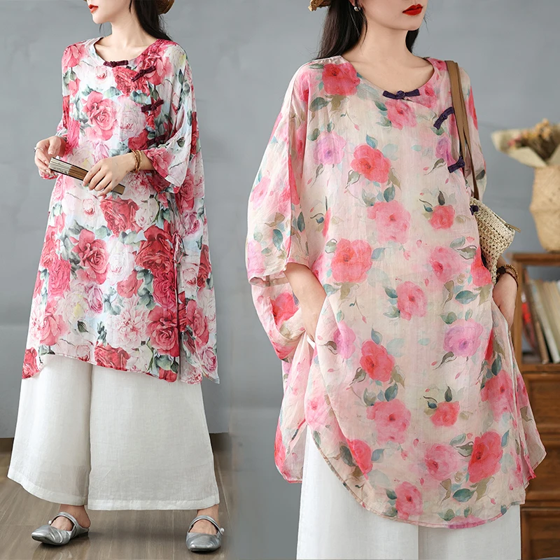 

Женская одежда больших размеров в китайском стиле с принтом пиона в стиле ретро, цвет Blo, косая све, топ Batwing Sve