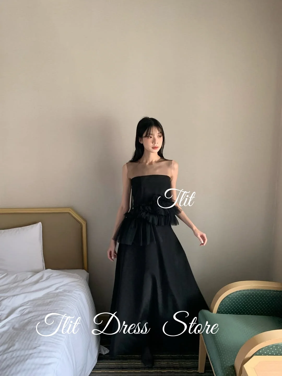 TLIT أنيق أسود الحرير الساتان ألف خط فستان الزفاف مخصص س الرقبة الأسود تول فستان زفاف كوريا فستان الزفاف صور تبادل لاطلاق النار #2