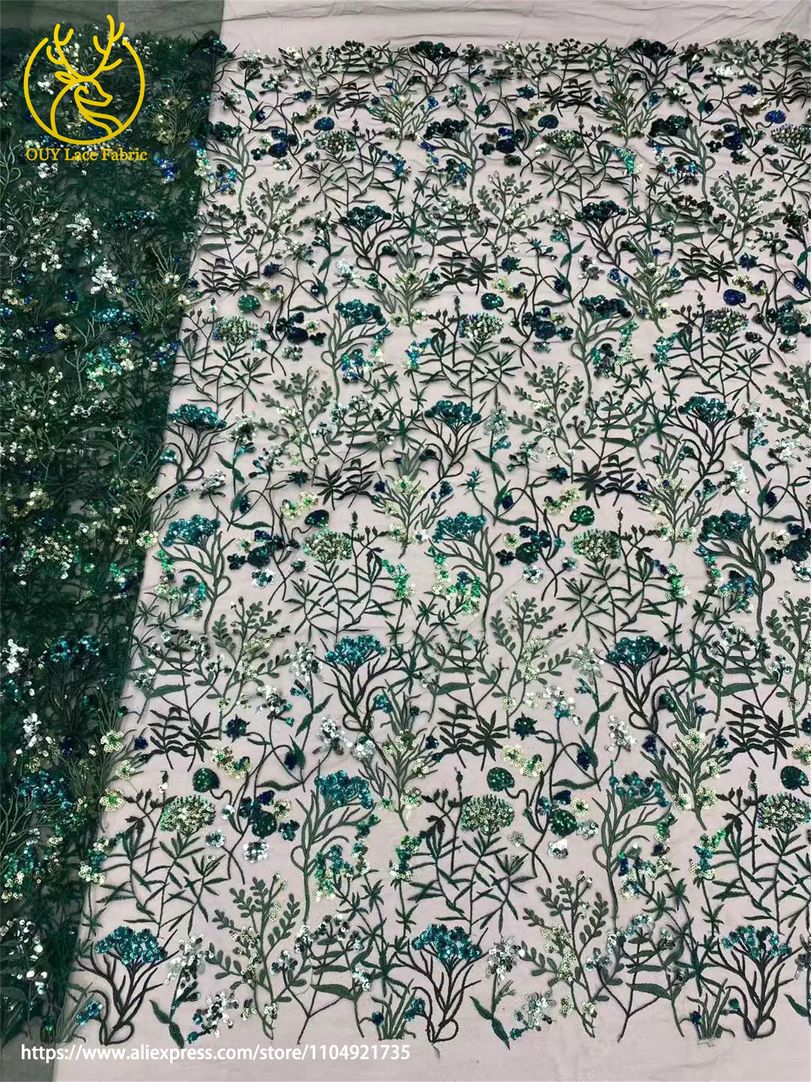 2026 Afrikanischer bestickter Tüll-Spitzenstoff, 5 Yards, hochwertiger nigerianischer Pailletten-Spitzenstoff für Damen-Abendkleider – Detail 3