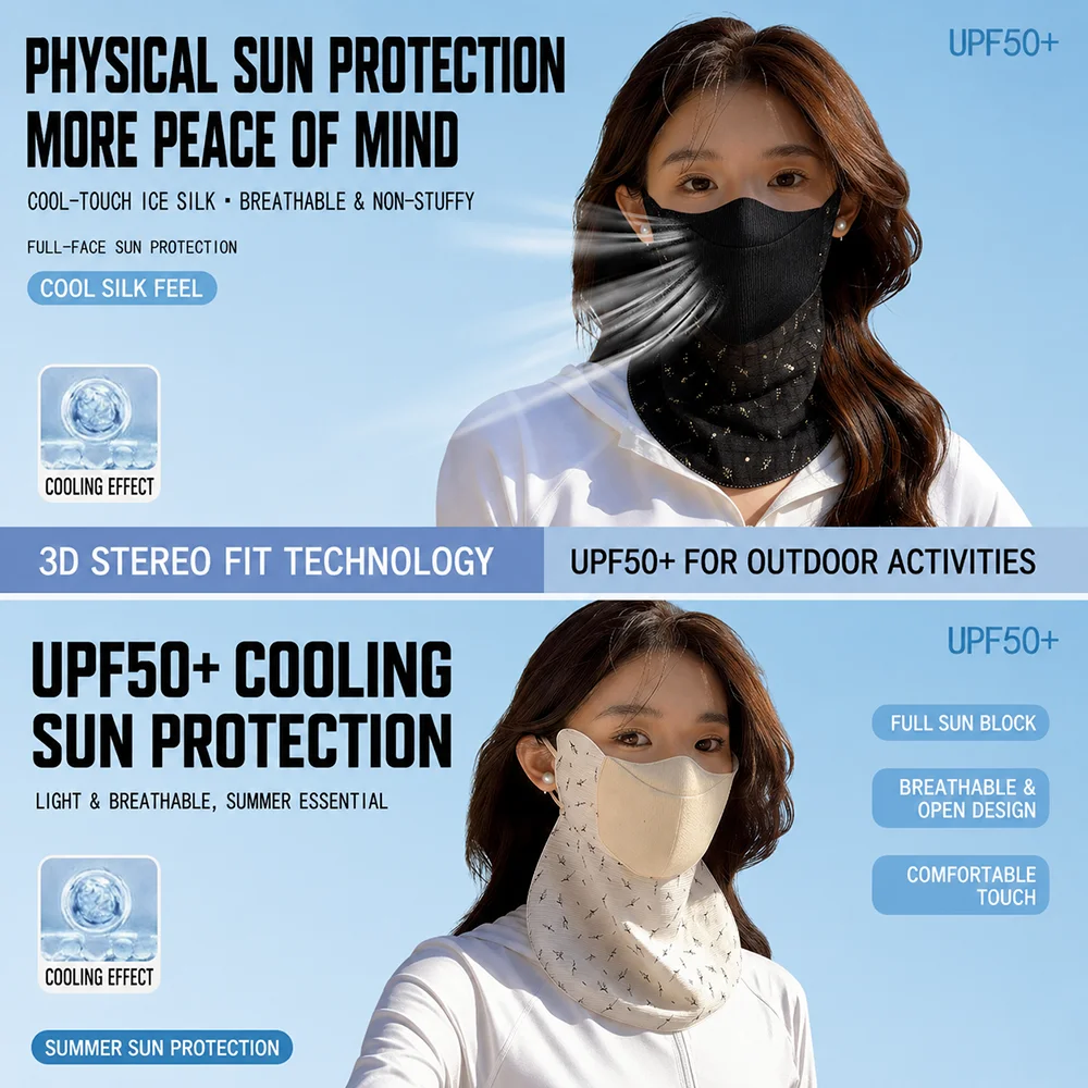 

UPF50+ Cooling Face Cover Mask Breathable Ice Silk Neck Gaiter UV Protection Full Face Sun Shield Outdoor Cycling Summer Scarf
