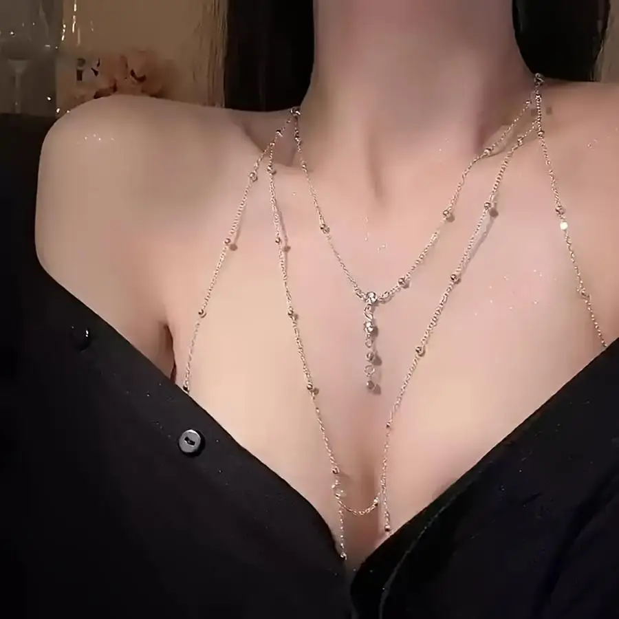 1/5/10/20/50/100pcs [Rhinestone Body Chain] Women's Thin Body Chain/Necklace - Sparkling Rhinestone-Adorned Body Jewelry Accesso