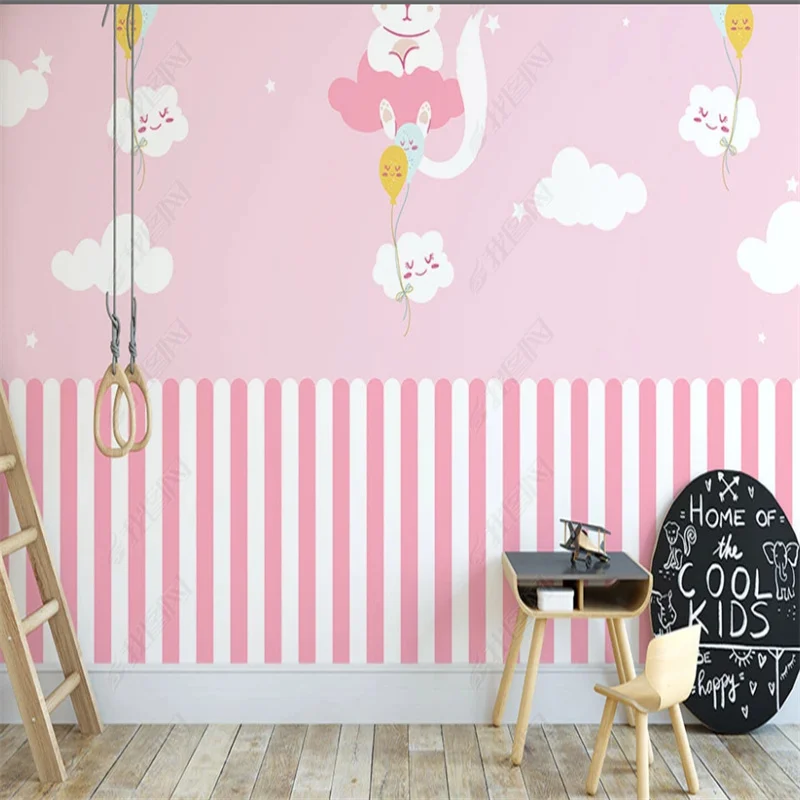 Nordic Pink Starry Wall Paper Sky Kitten Cloud Cute Self Adhesive Mural Wallpapers for Girls Room Kids Room Decoration