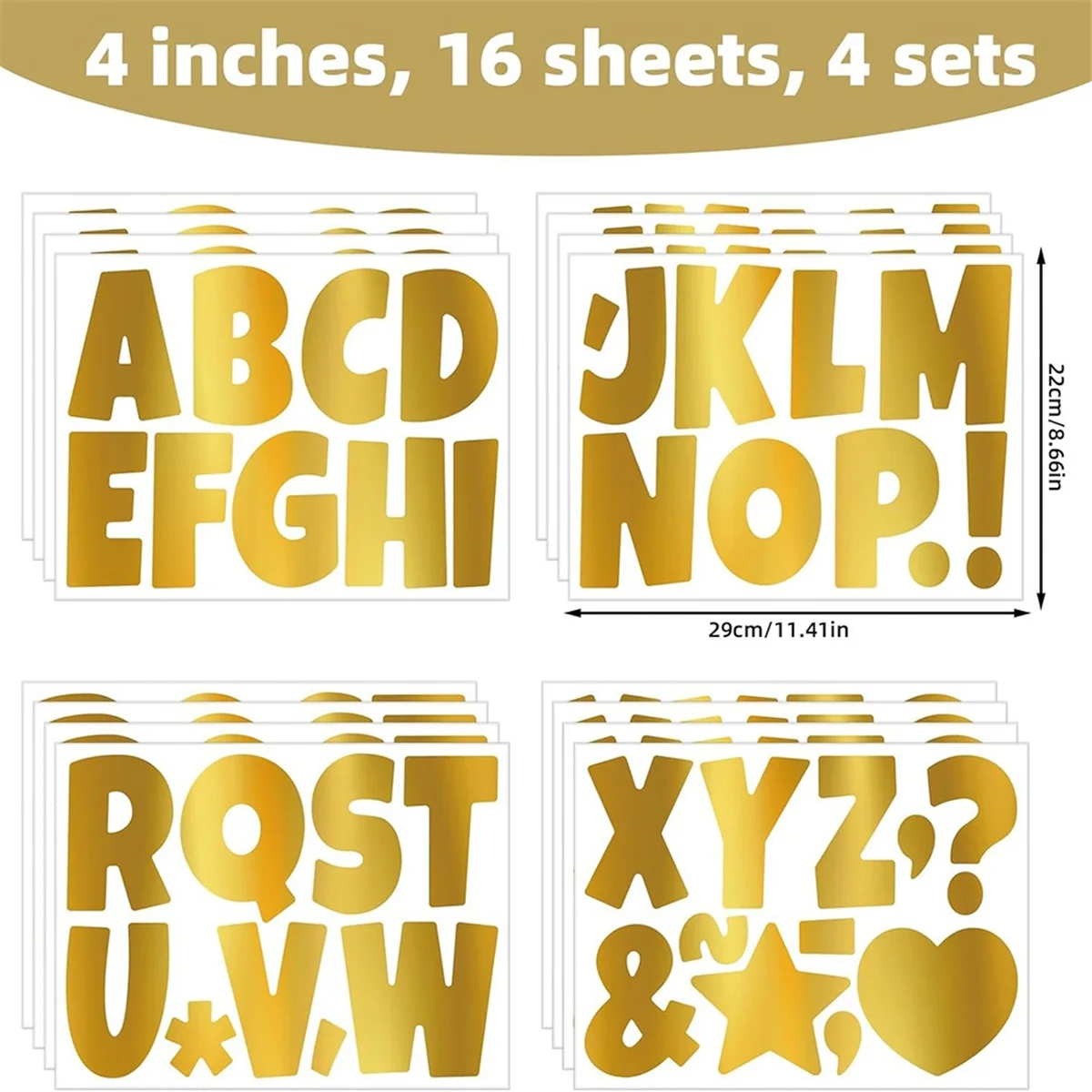 AA98 16 Sheets Gold Letter Stickers, 4 Inch Self Adhesive Uppercase Letters & Symbol Waterproof Alphabet Stickers