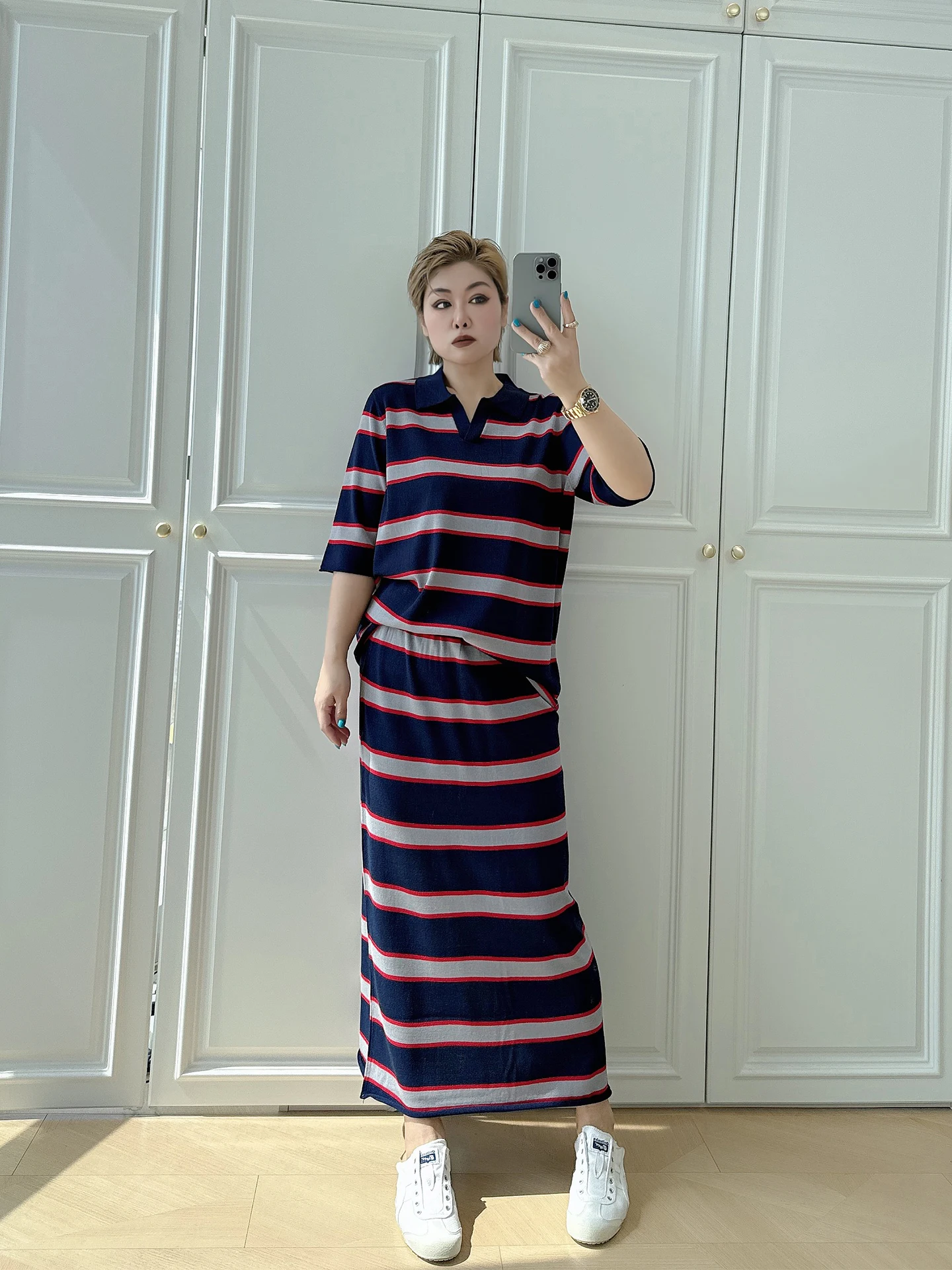

2026 New plus Size Women's Fashion Striped Set Ice Silk Short Sleeve Knitted Half Skirt Two Piece Set Casual High Waist