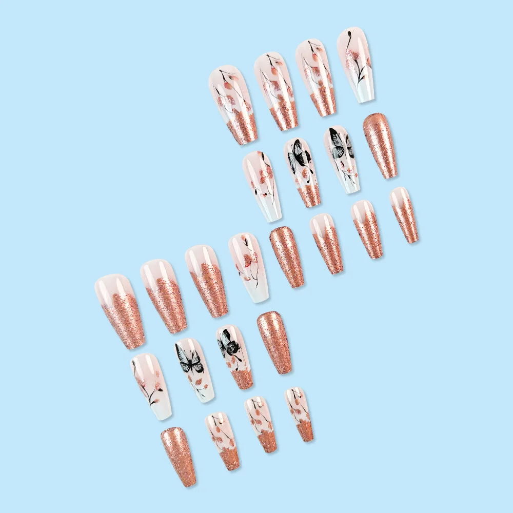 24pcs Press on Nails Rose Gold Glitter French Butterfly Full Coverage Nail Tips for Women and Girl Removable Wearable Nail Art 4