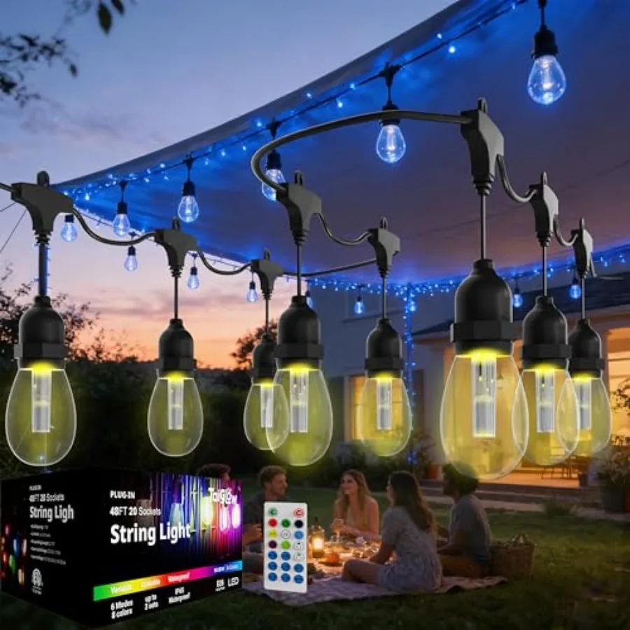 

Outdoor String Lights Waterproof - 48Feet Color Changing Led Outside Patio Light with 20 Bulbs, Remote Control RGBW Outside Lig