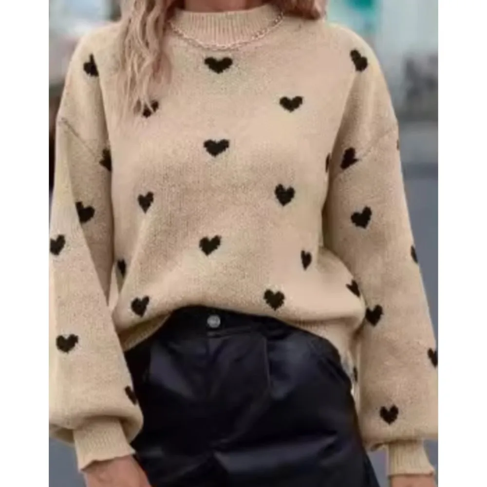 

Sweater Long Sleeve Round Neck Knitted Pullover Love Loose Casual Women's Clothing Commuting All-match Loose Simple Style Trendy