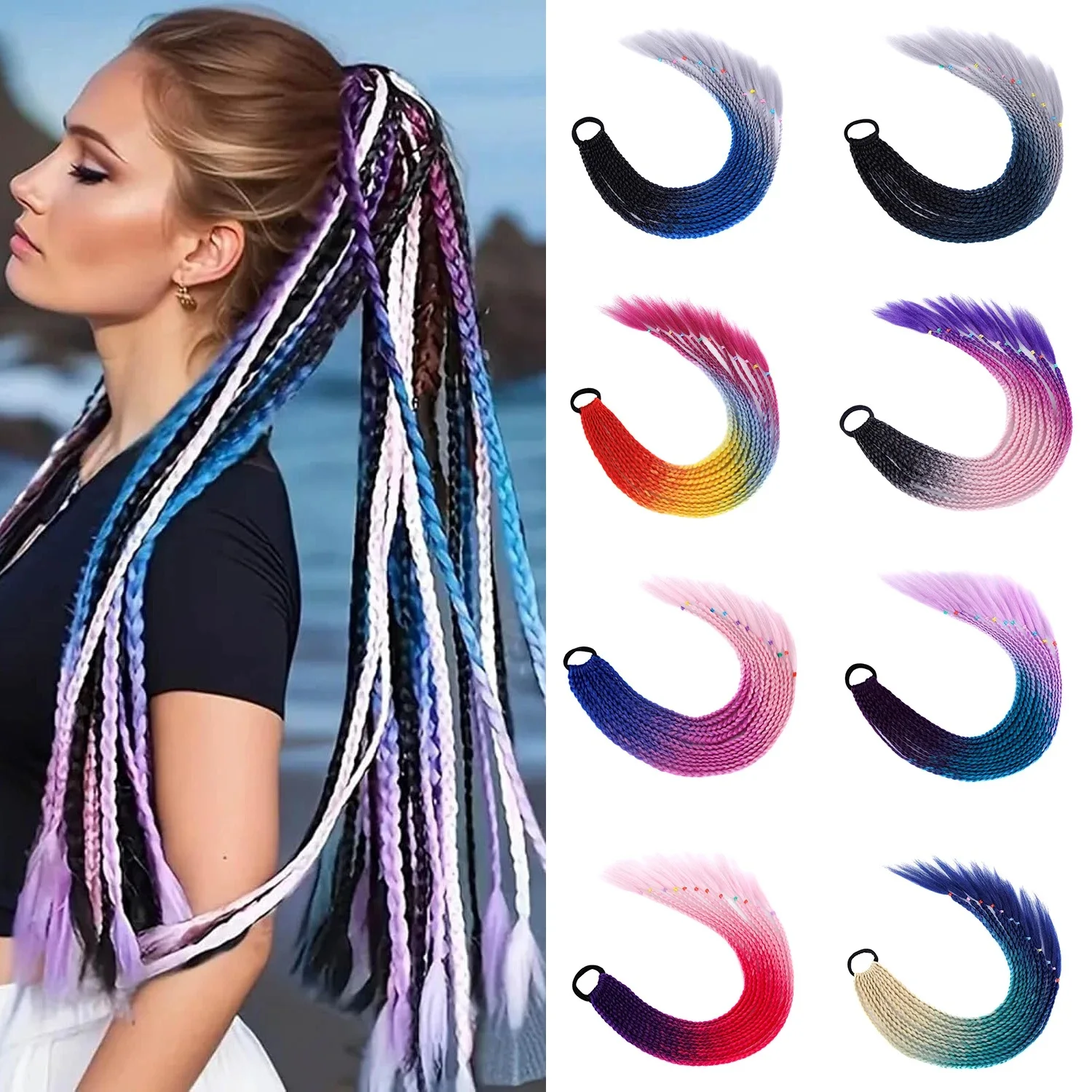 24 Inch Colorful Box Braids Braided Ponytail with Rubber Bands Synthetic Hair Extensions Hairpieces for Women