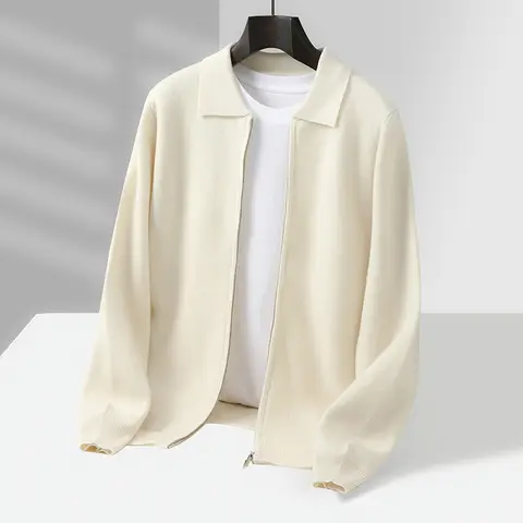 New Chic Men's Zipper Cardigan Autumn Winter 100% Merino Wool Knitwear Polo Collar Sweater Thick Long Sleeves Casual Knit Tops