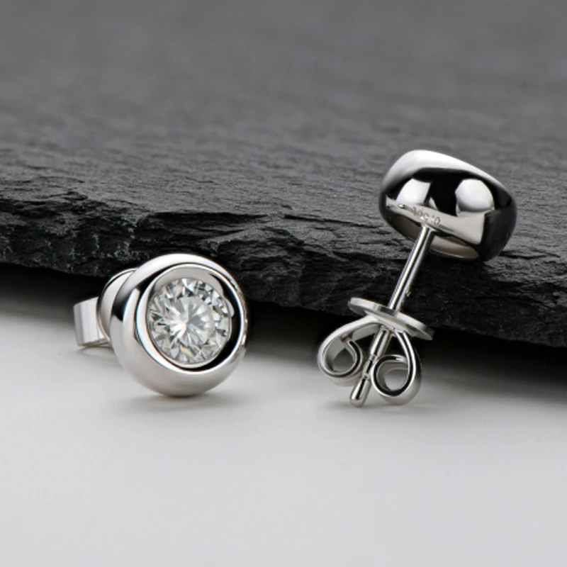 OXTAO 5mm 6.5mm Round Stud Earrings Real 925 Silver Moissanite Bezel Setting Simple Bubble Earrings Fashion Wedding Jewelry Gift