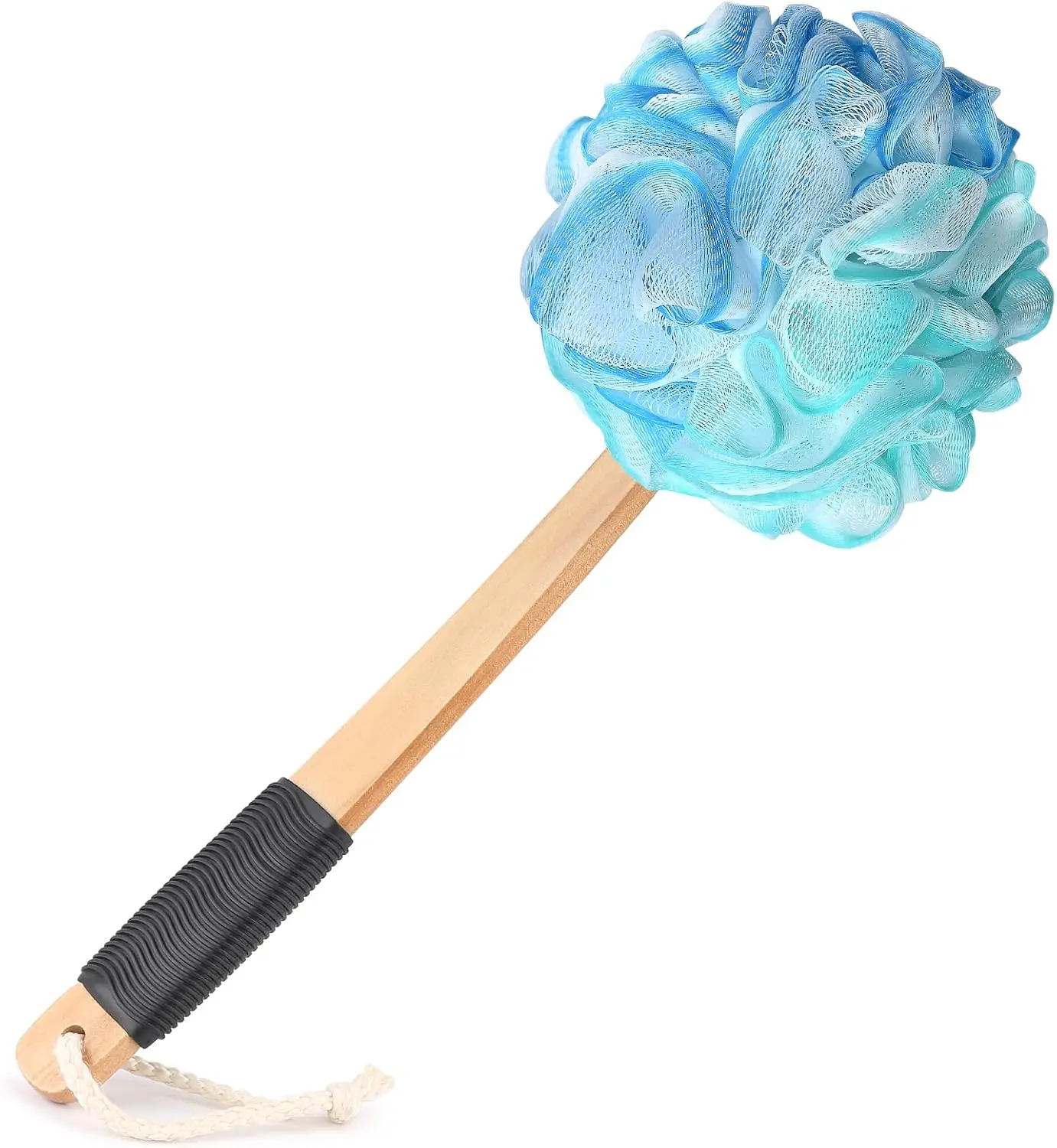 

Soft Mesh Luffa Back Scrubber with Non-Slip Wooden Handle for Shower, Easy Hanging String in Blue Green White