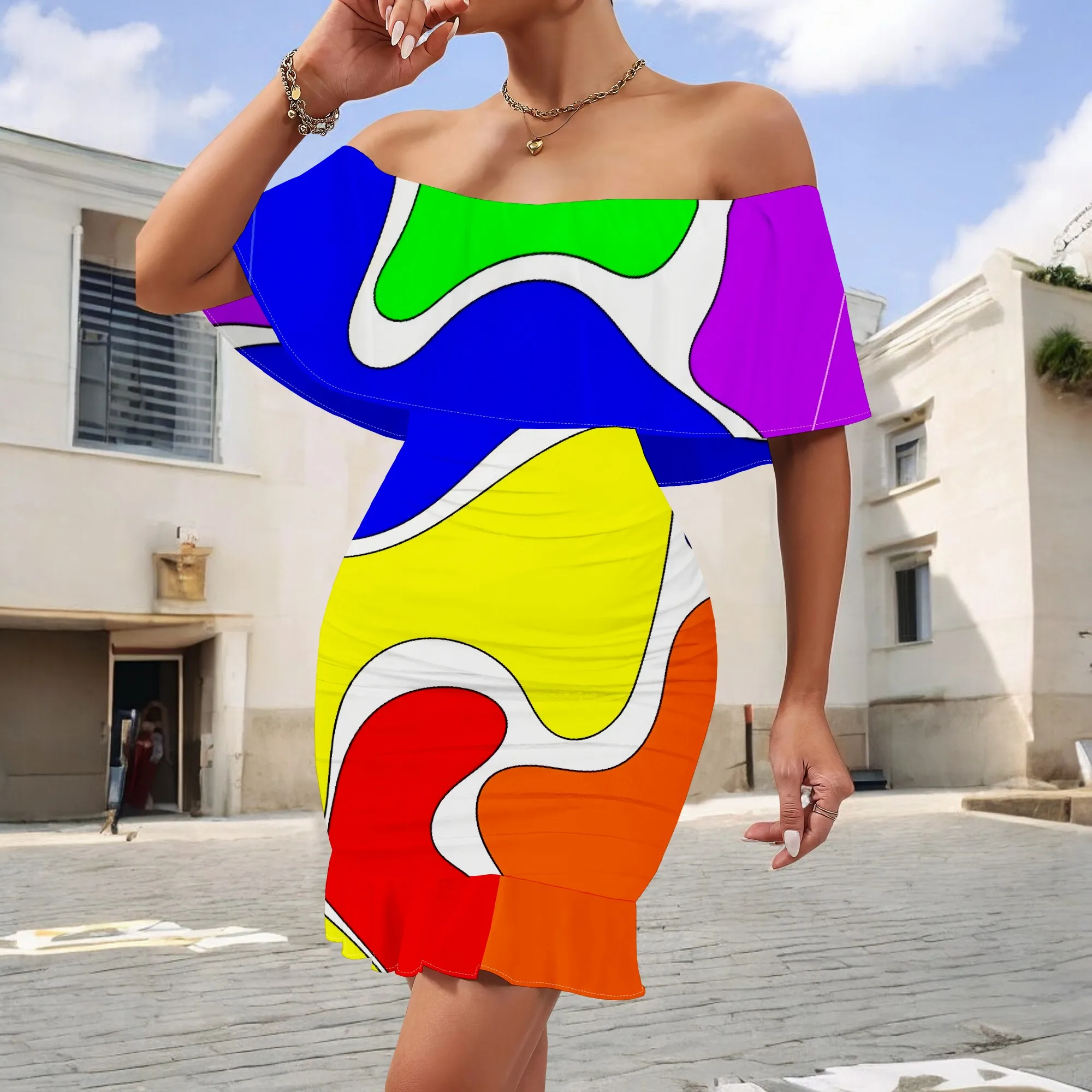 

Rainbow Abstract Off Shoulder Mini Dress S-3XL Ruffle Overlay Bodycon Style for Pride Parade, Summer Festival or Nightclub Look