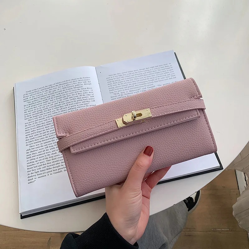 Fashion Women\'s Wallet with Lychee Pattern and Lock Buckle Long Wallet Solid Color Card Holder Coin Purse bolsas para mujeres