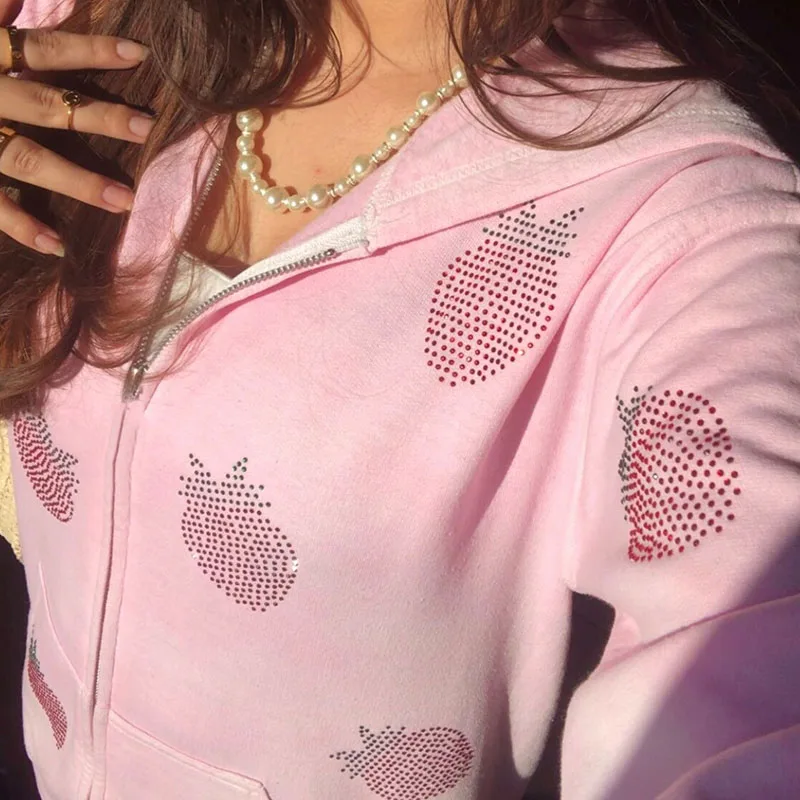 

Strawberry Rhinestone Pink Y2k Bling Print Sweet Hoodie Zip Up Vintage 90s Streetwear Harajuku Cute Girl Sweatshirt Coat Top