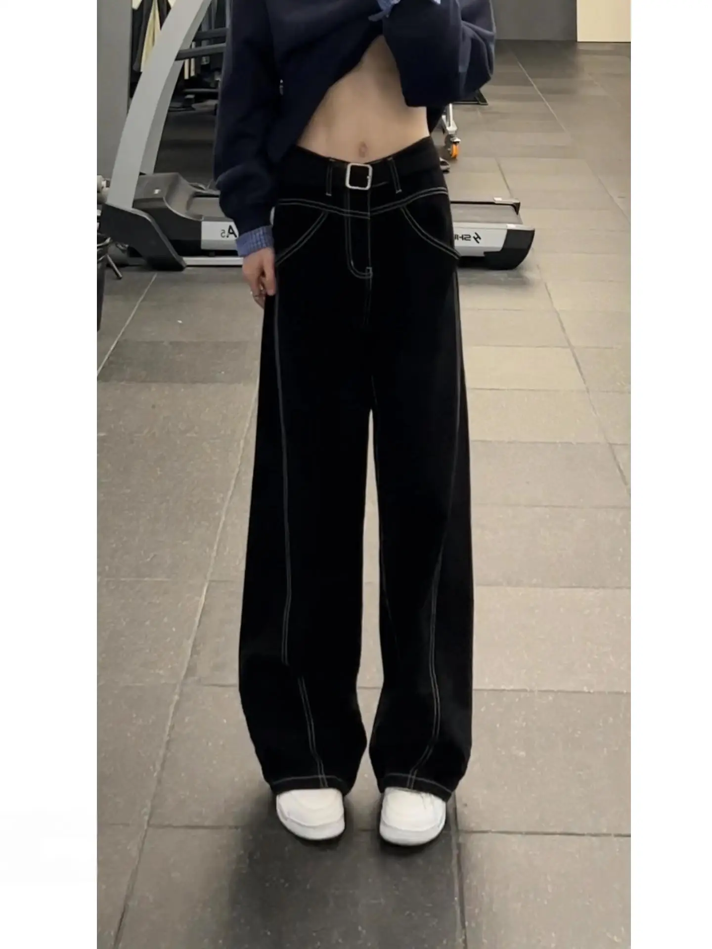 

Black American Stitch Profile Men's Summer New Cleanfit Versatile High Waist Wide Leg Straight Cut Jeans Casual Wear