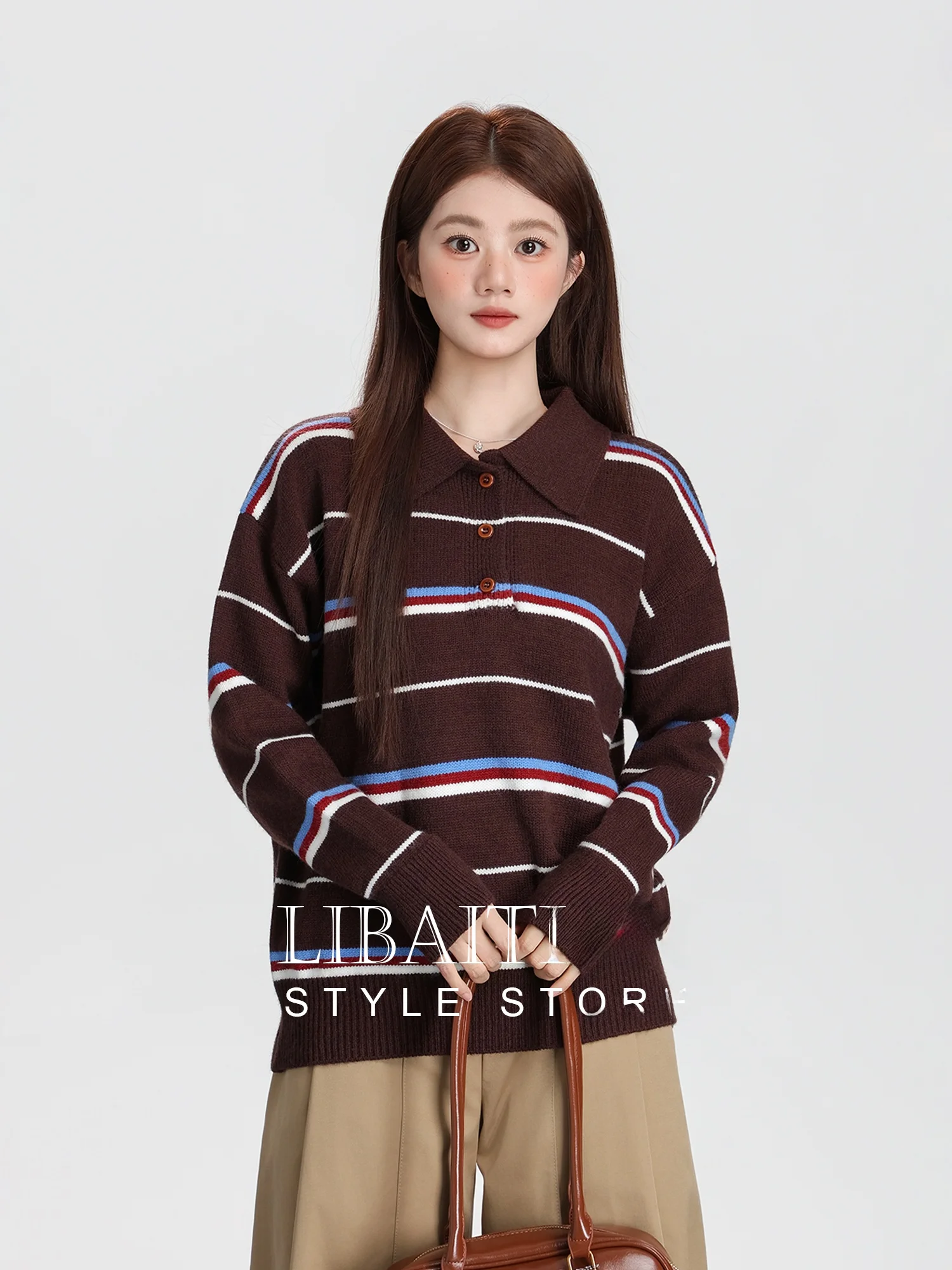 

Новинка: Женский свободный вязаный джемпер в стиле ретро с воротником, в полоску, в корейском стиле, с цветными блоками, зимний, с длинными рукавами