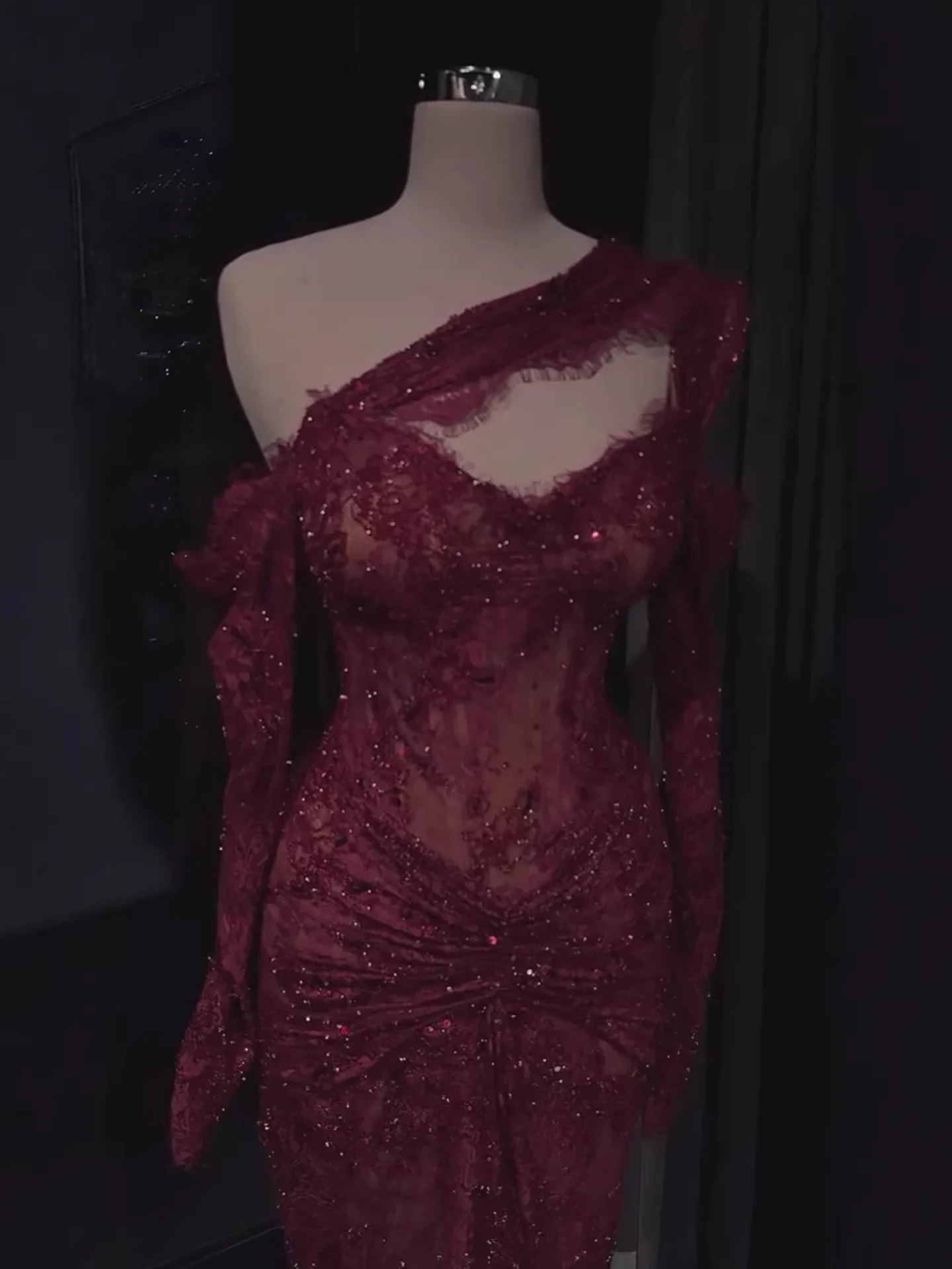 2026 Luxury Wine Red Lace Beaded Mermaid Evening Dress One Shoulder Ruched Formal Party Gown Customized High Quality