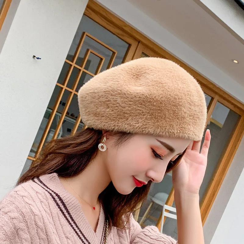 Rex fur berets hat for women Winter thick warm soft beret caps Artist french gorros Pumpkin hats Female girls leisure caps