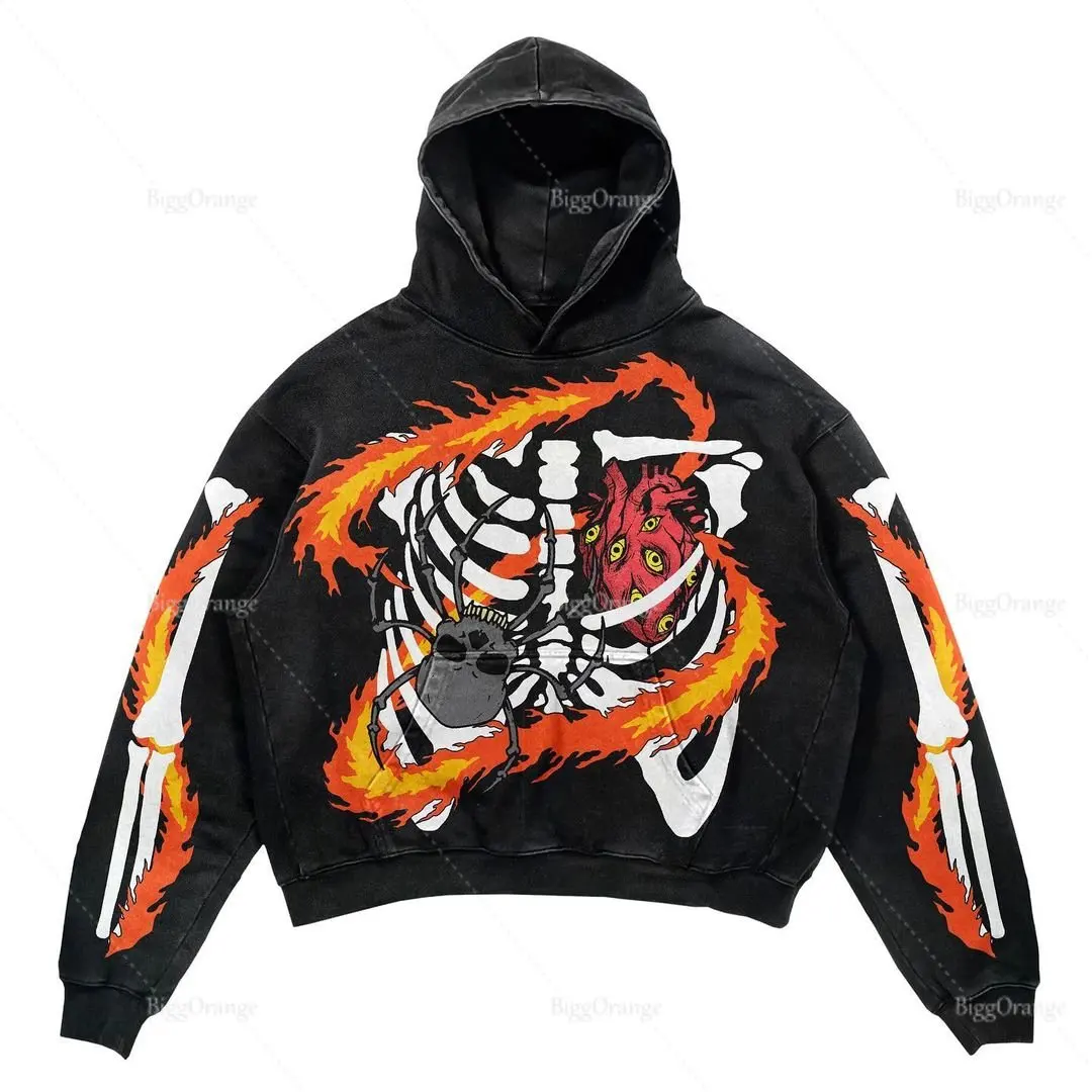 Y2K Fall Long Sleeve Hoodie Skull Print Oversized Sweatshirt Women's Streetwear Hoodie