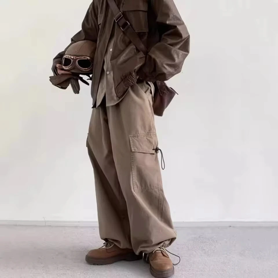 

Spring And Autumn Retro Wide Leg Solid Color Pocket Tooling Trousers Men's And Women's Loose Tie Khaki Casual Pants