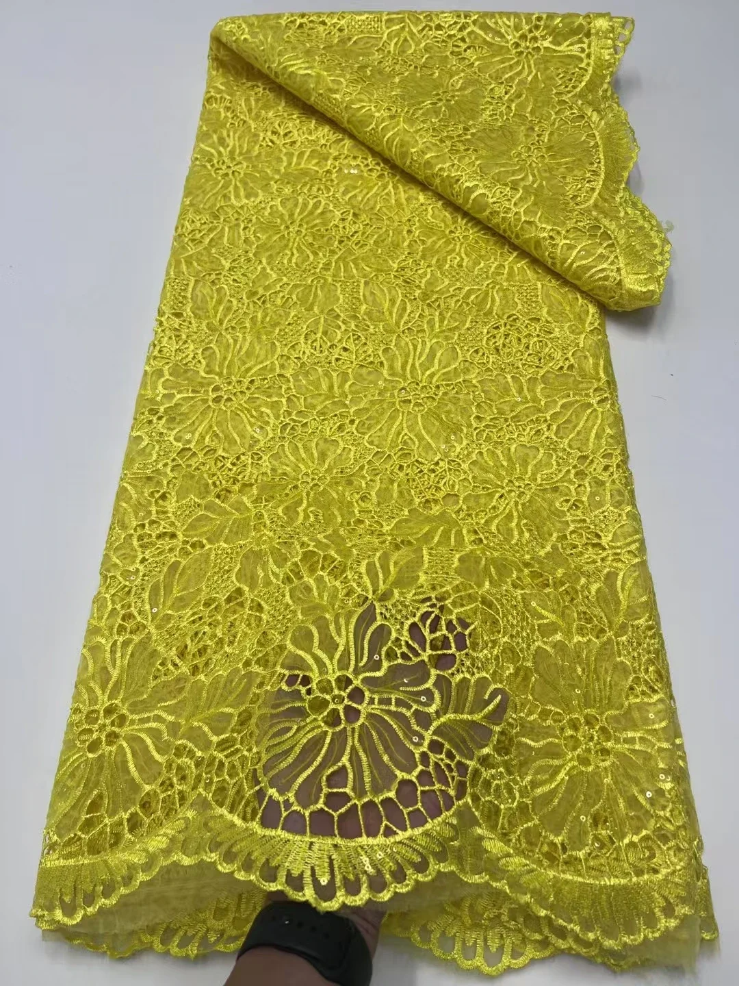 Latest Yellow Stones laser African Guipure Cord Lace Fabric 2025 Nigerian French Cord Lace Fabric For Women Party Dress LR25115
