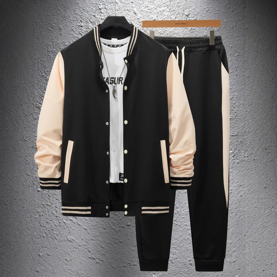 

Autumn and Winter New Baseball Jersey Casual Versatile Mens Cardigan Jacket Color Matching Sports Trousers Set