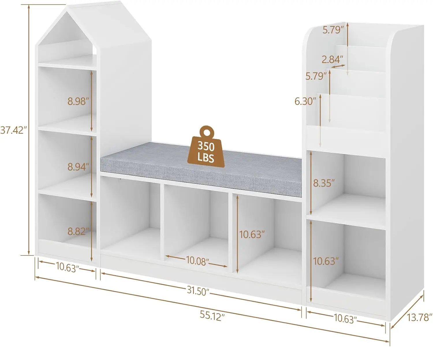 Toy Storage Organizer for Kids Bookshelf with Reading Nook, Kids Bookcase with 9 Storage and Large Seat Cushion for Keeping Kids