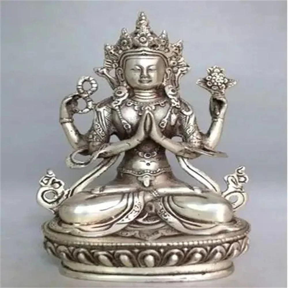 Statue de bouddha à quatre bras en cuivre, bouddhisme, argent, 14cm de hauteur