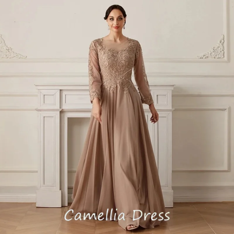 Hochzeits feier Kleid lange Ärmel Champagner Chiffon Mutter der Braut Kleid Vestido Fiesta Boda