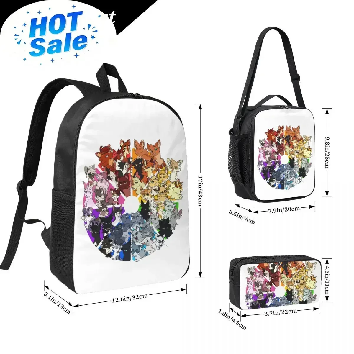 Custom Bag Warrior Cats Color Wheel Backpack Student Boys Girls BookBag School Bag Laptop Shoulder Bags 3ps Insulated Lunch Bag